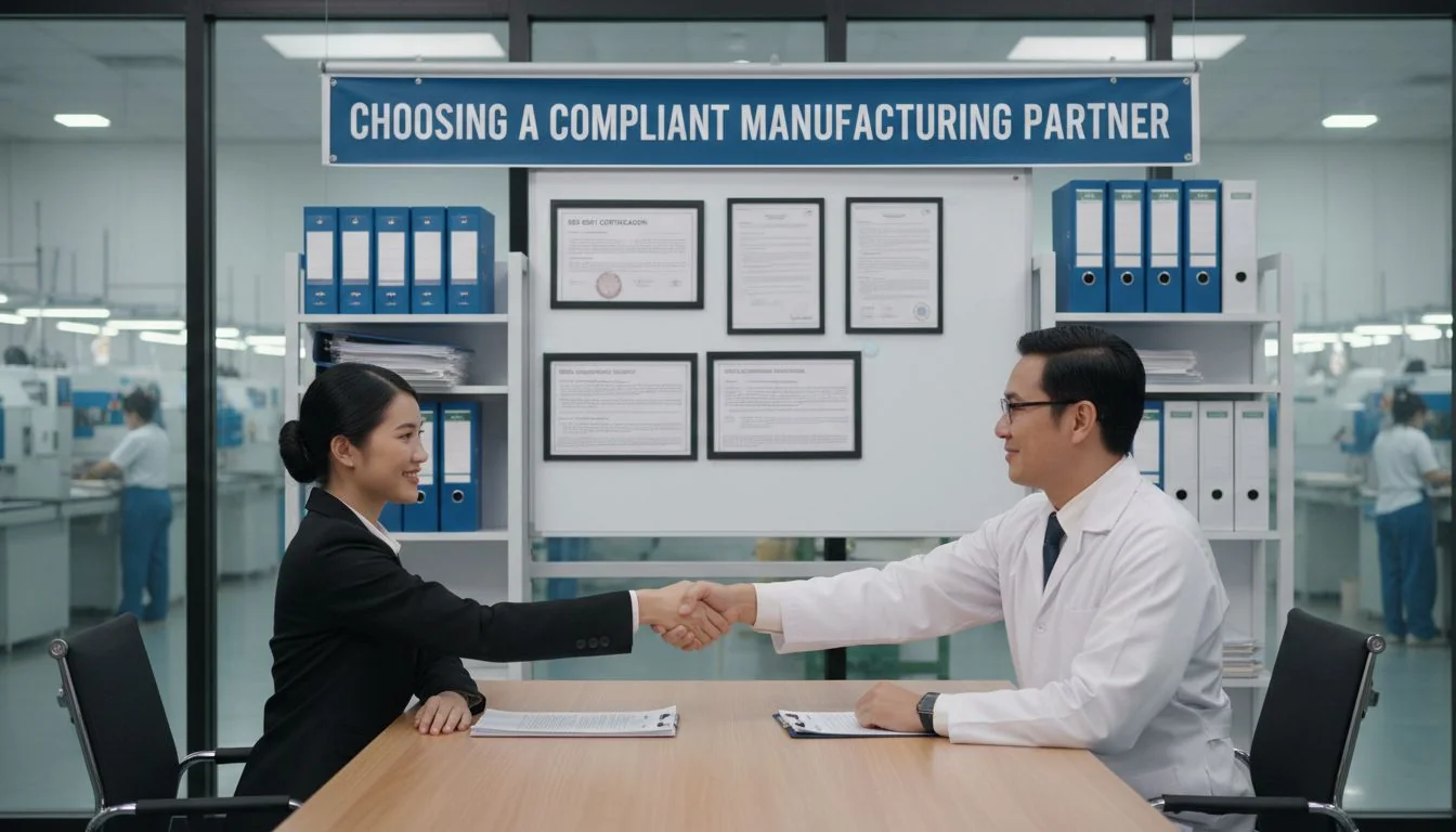 A handshake between a brand owner and a factory manager with compliance documents in the background.
