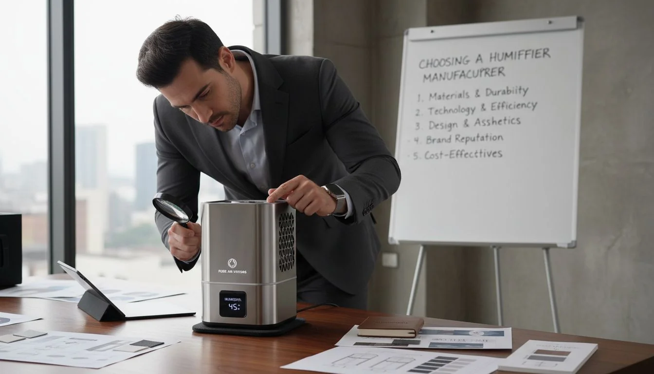A person carefully inspecting a high-end, stainless steel humidifier on a design table.