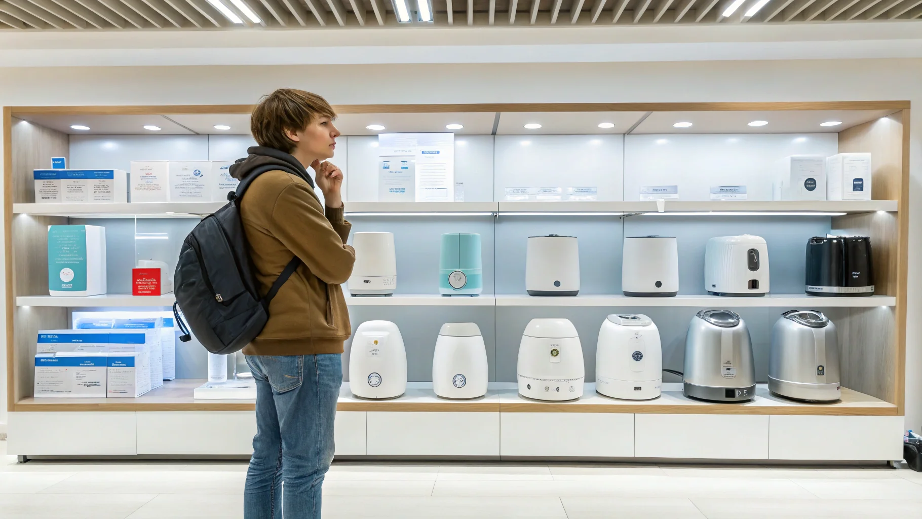 A person comparing different humidifier models in a store