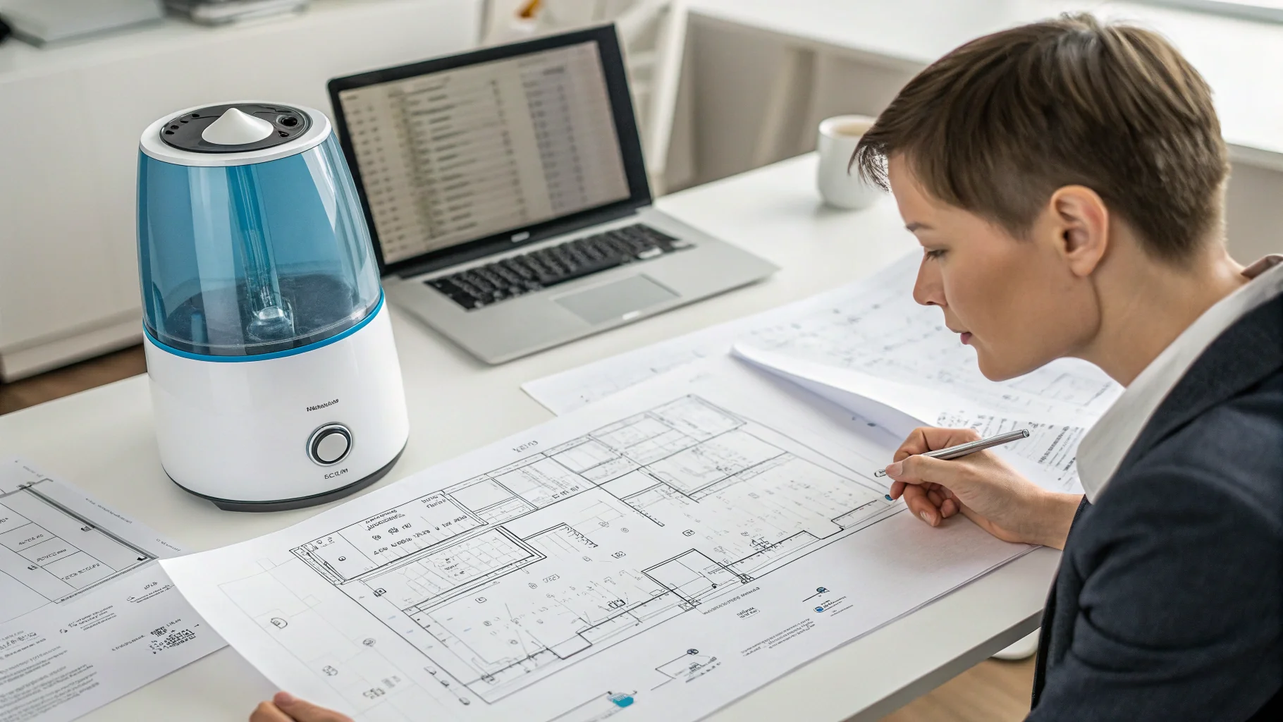 A person looking at a blueprint for an ultrasonic humidifier