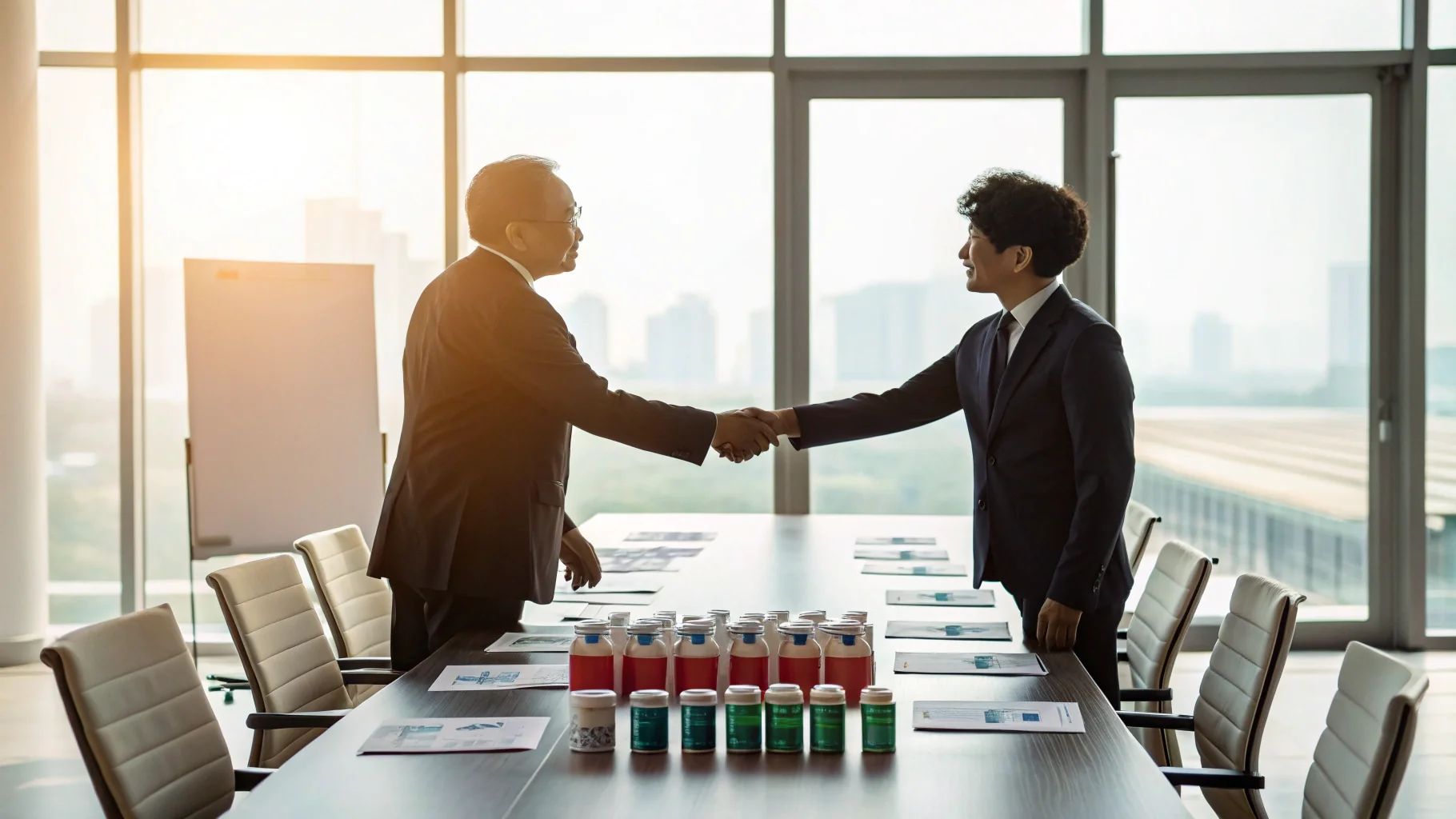 Two business people shaking hands over a table with product samples