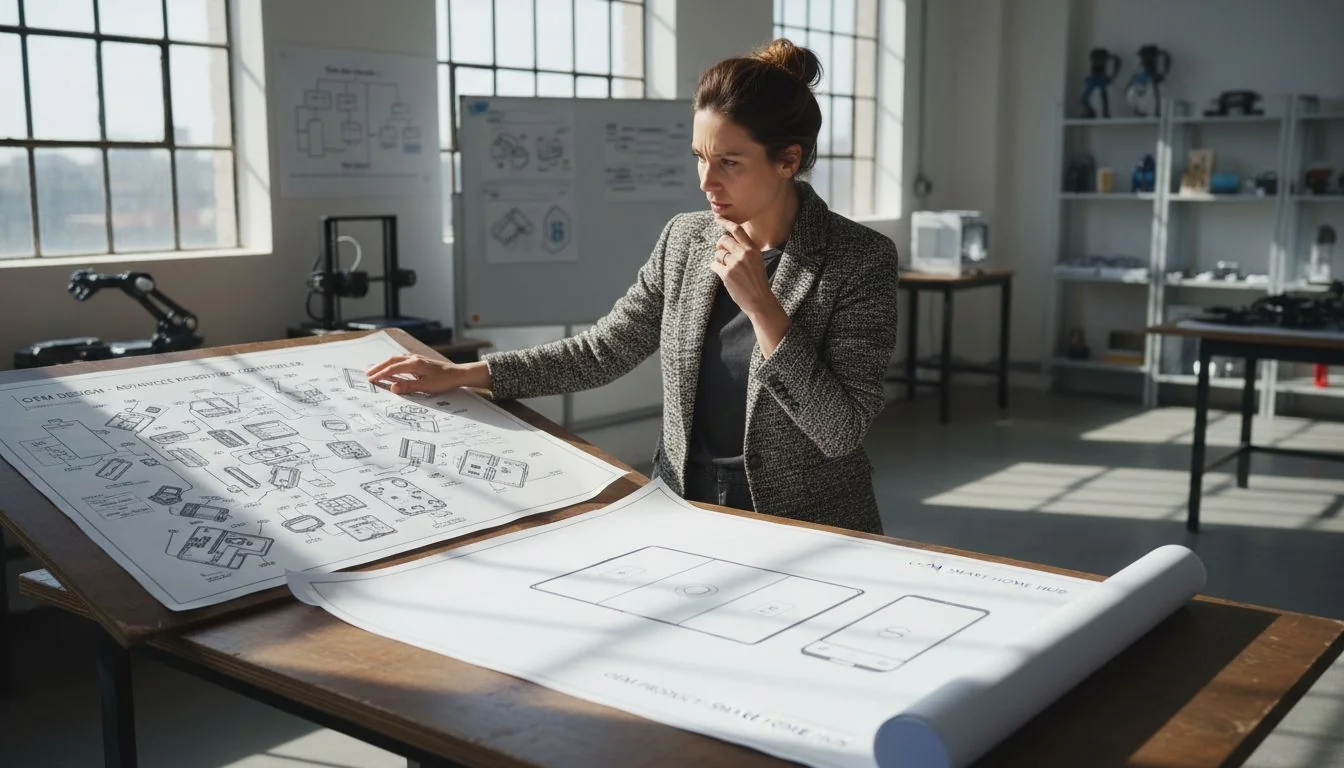 Choosing between a complex OEM design and a simple ODM product An image of a designer looking thoughtfully at two different blueprints, one complex and one simple