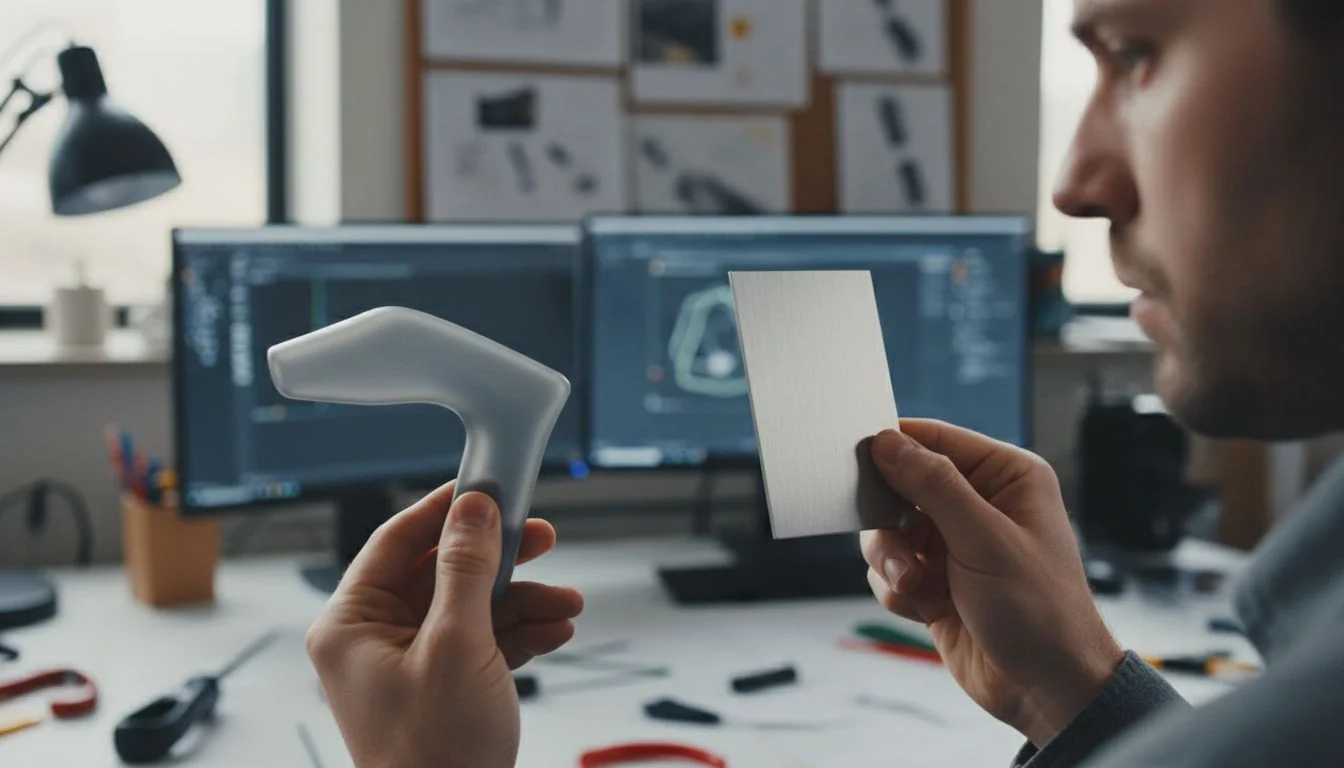 A designer's hands holding and comparing a piece of molded plastic and a piece of brushed stainless steel.