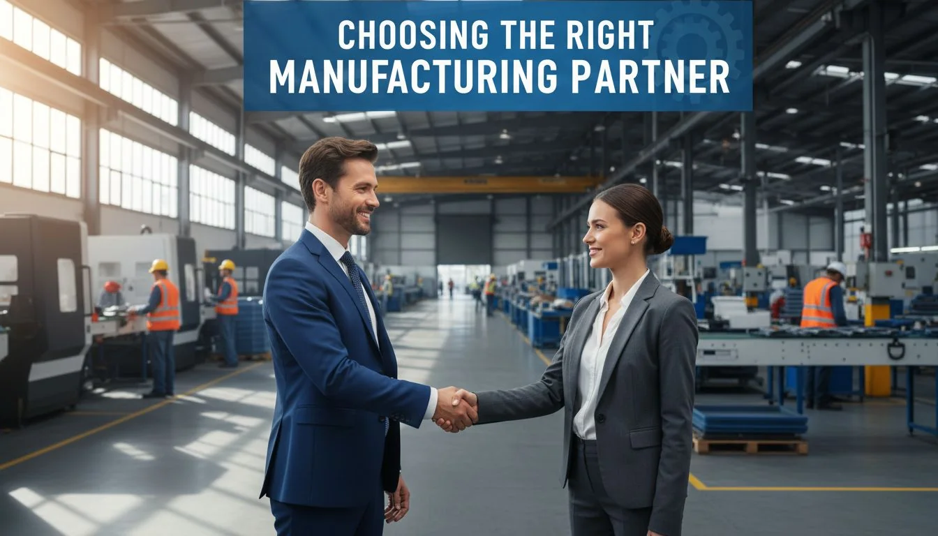 Choosing the Right Manufacturing Partner A handshake between two professionals with a factory floor in the background