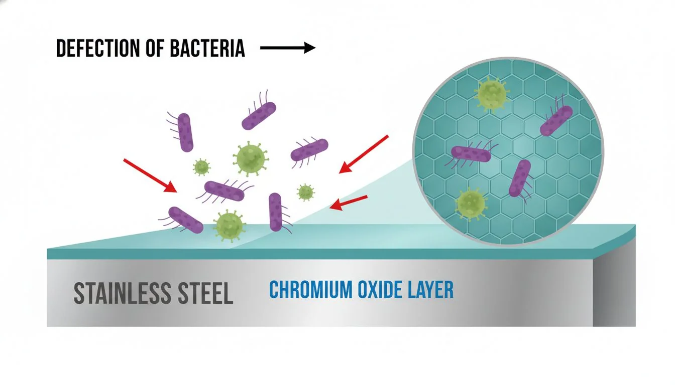 An illustration showing the passive chromium oxide layer on stainless steel deflecting bacteria.
