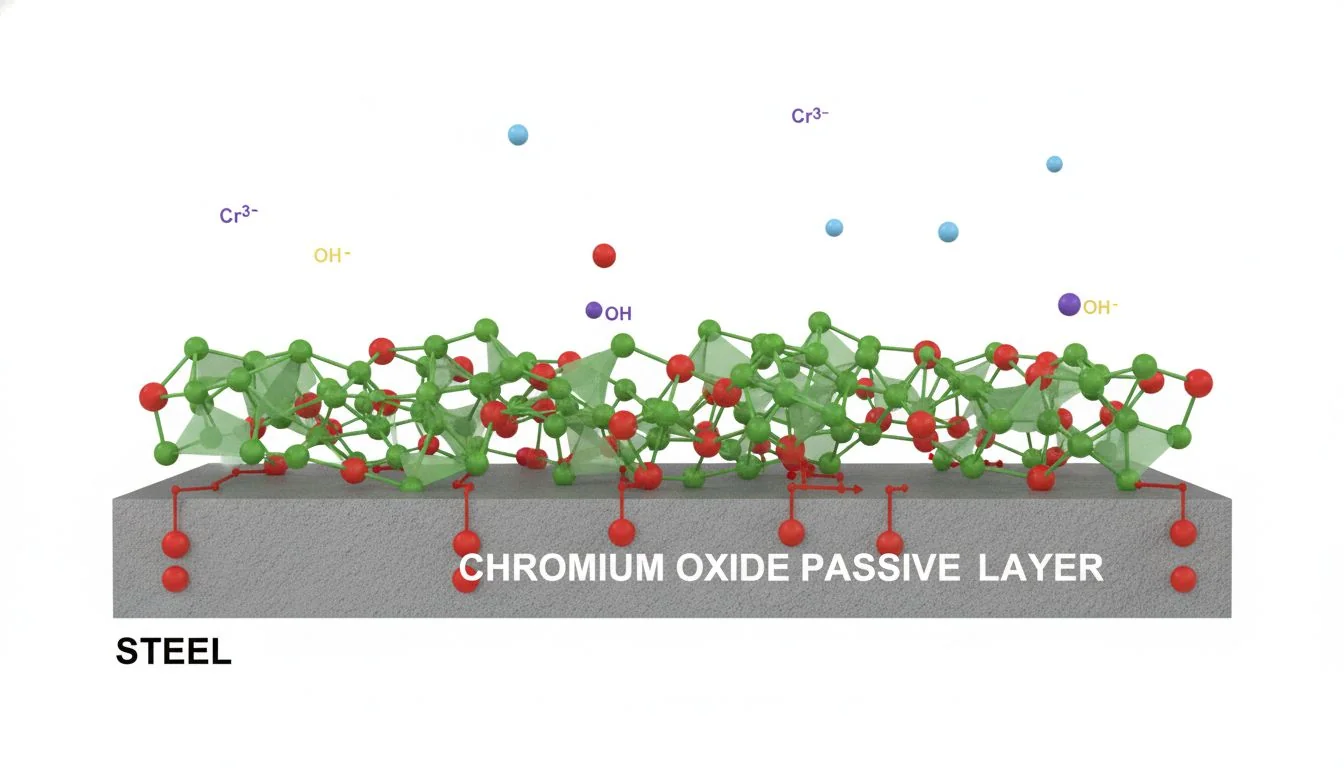 molecular diagram of chromium oxide passive layer on steel