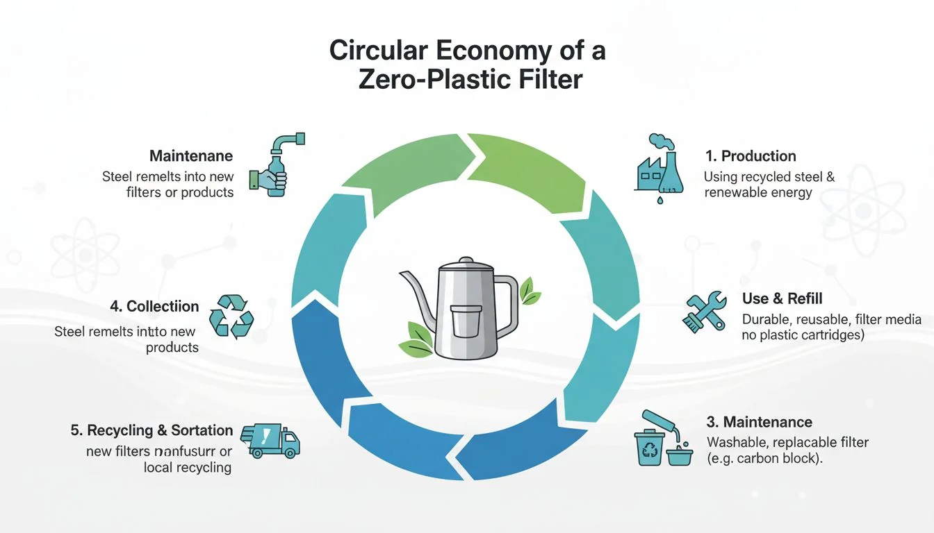 An infographic showing the circular lifecycle of a stainless steel water filter, from production to recycling.