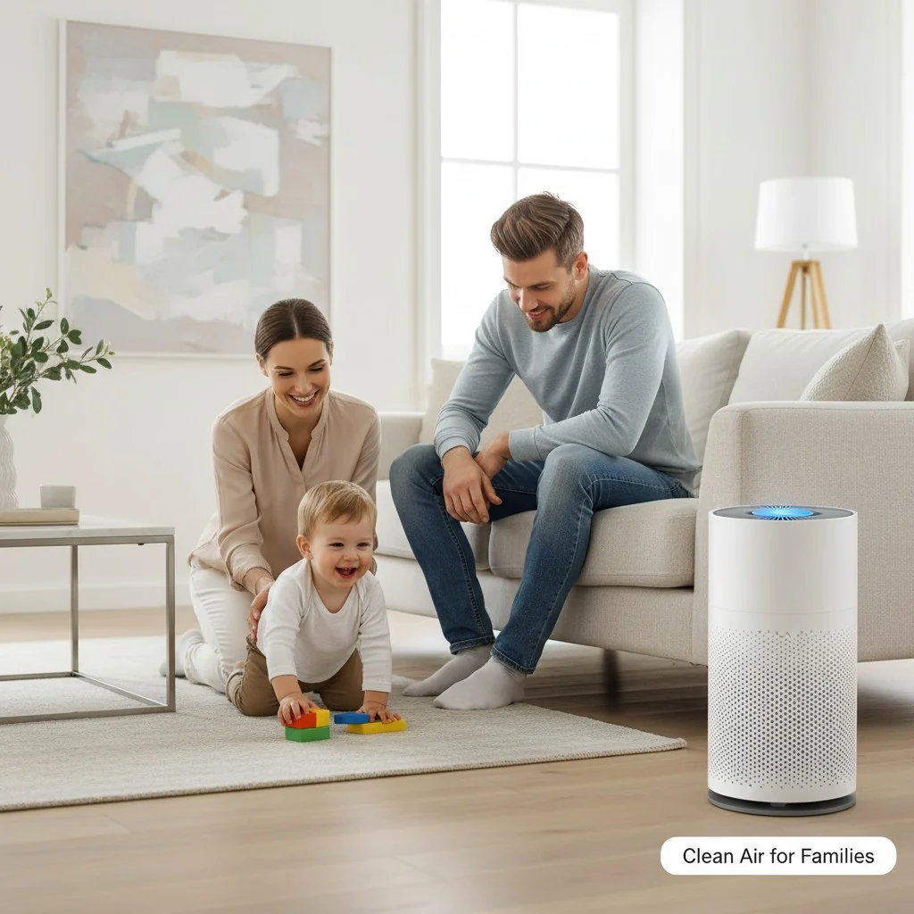 A family with a young child playing in a living room with a modern air purifier visible in the background.