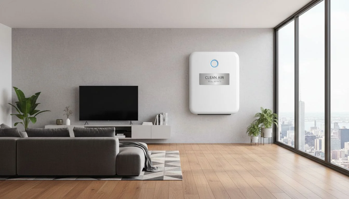 Clean Air Real Estate Modern apartment interior with visible wall-mounted air purifier