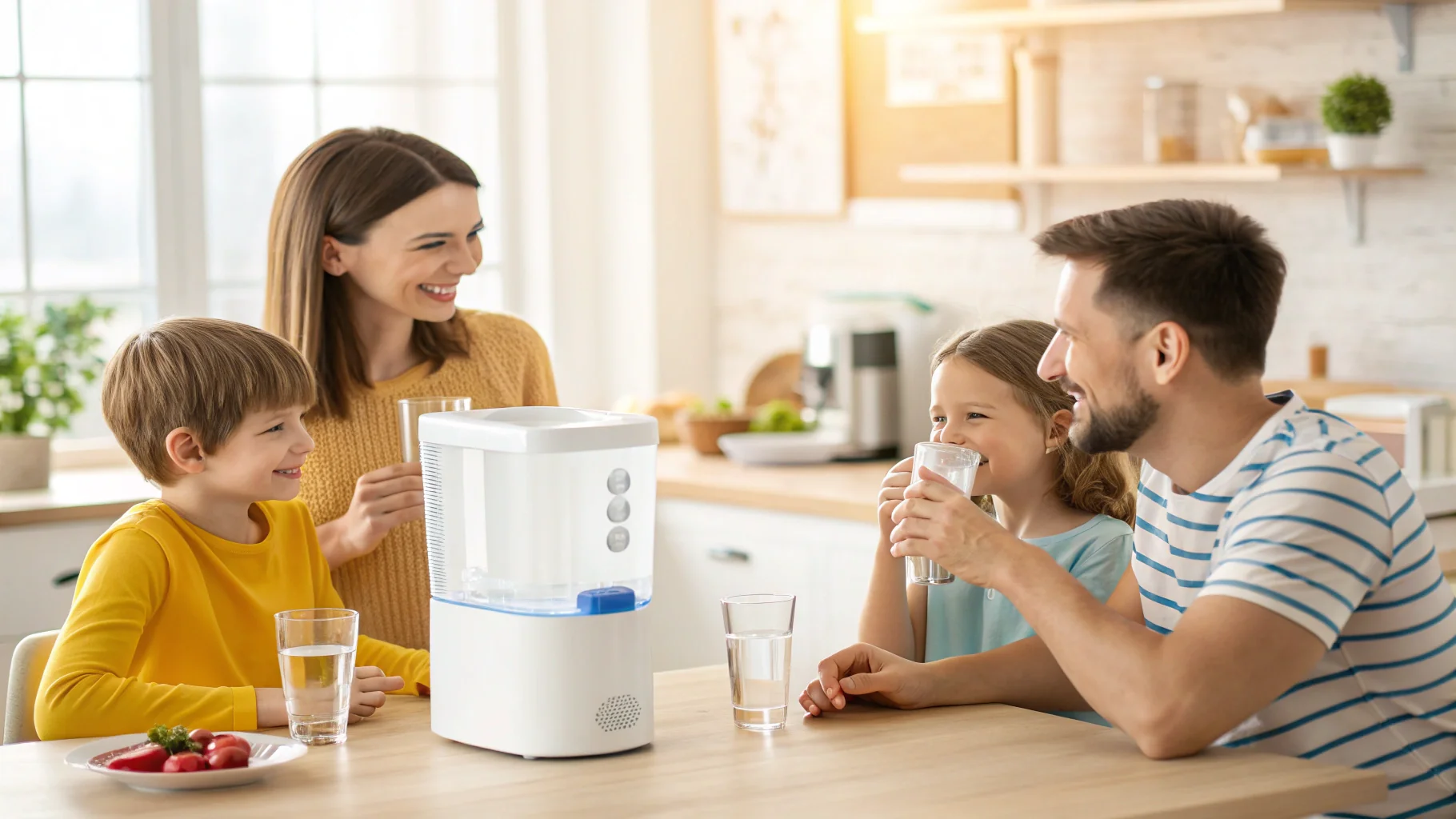 A family drinking clean water from a purifier