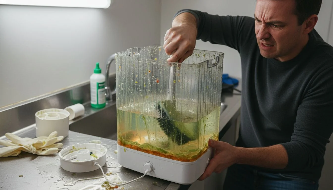Cleaning a slimy plastic humidifier A frustrated person scrubbing the inside of a plastic humidifier.