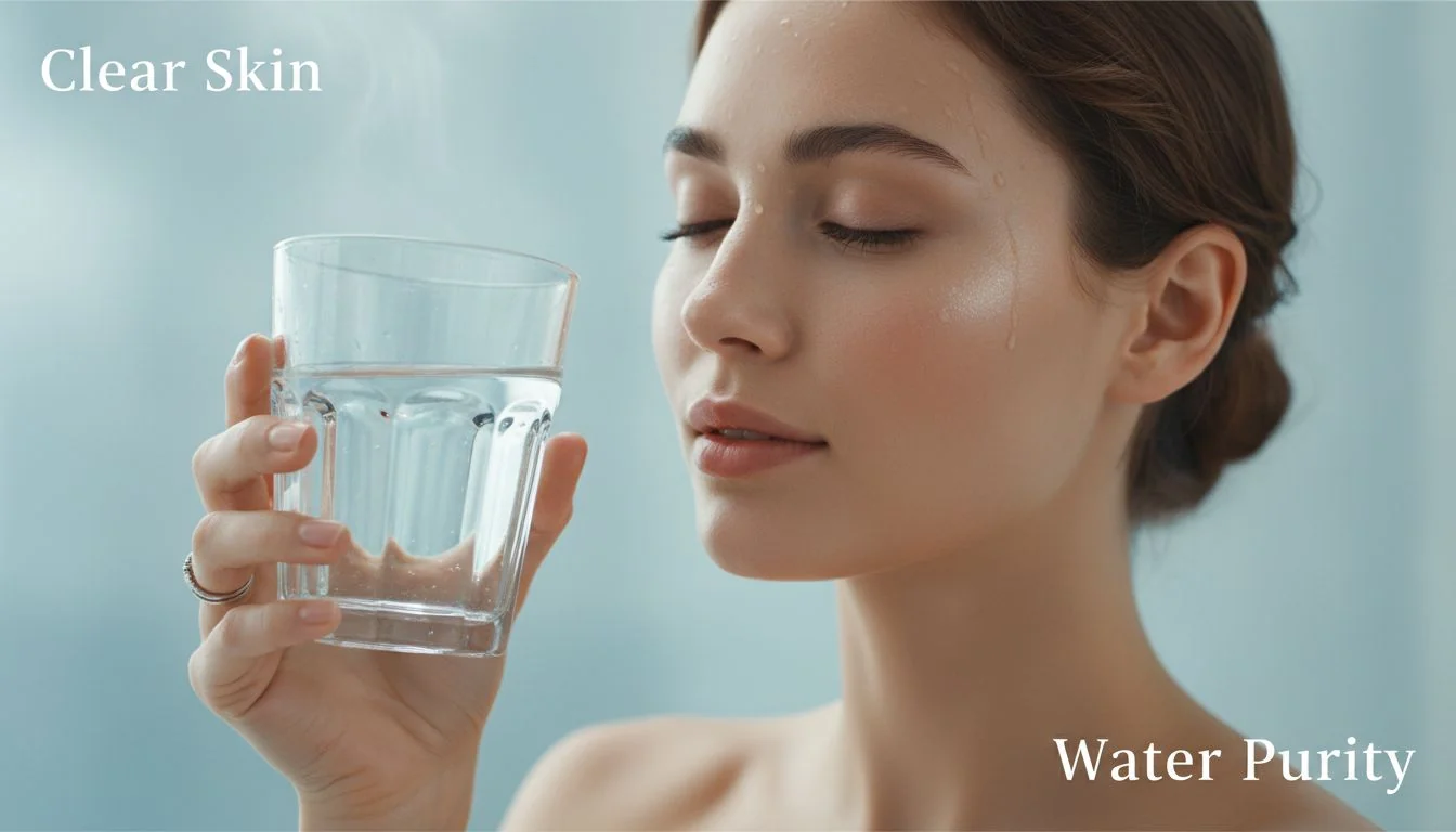 woman with clear skin holding a glass of water