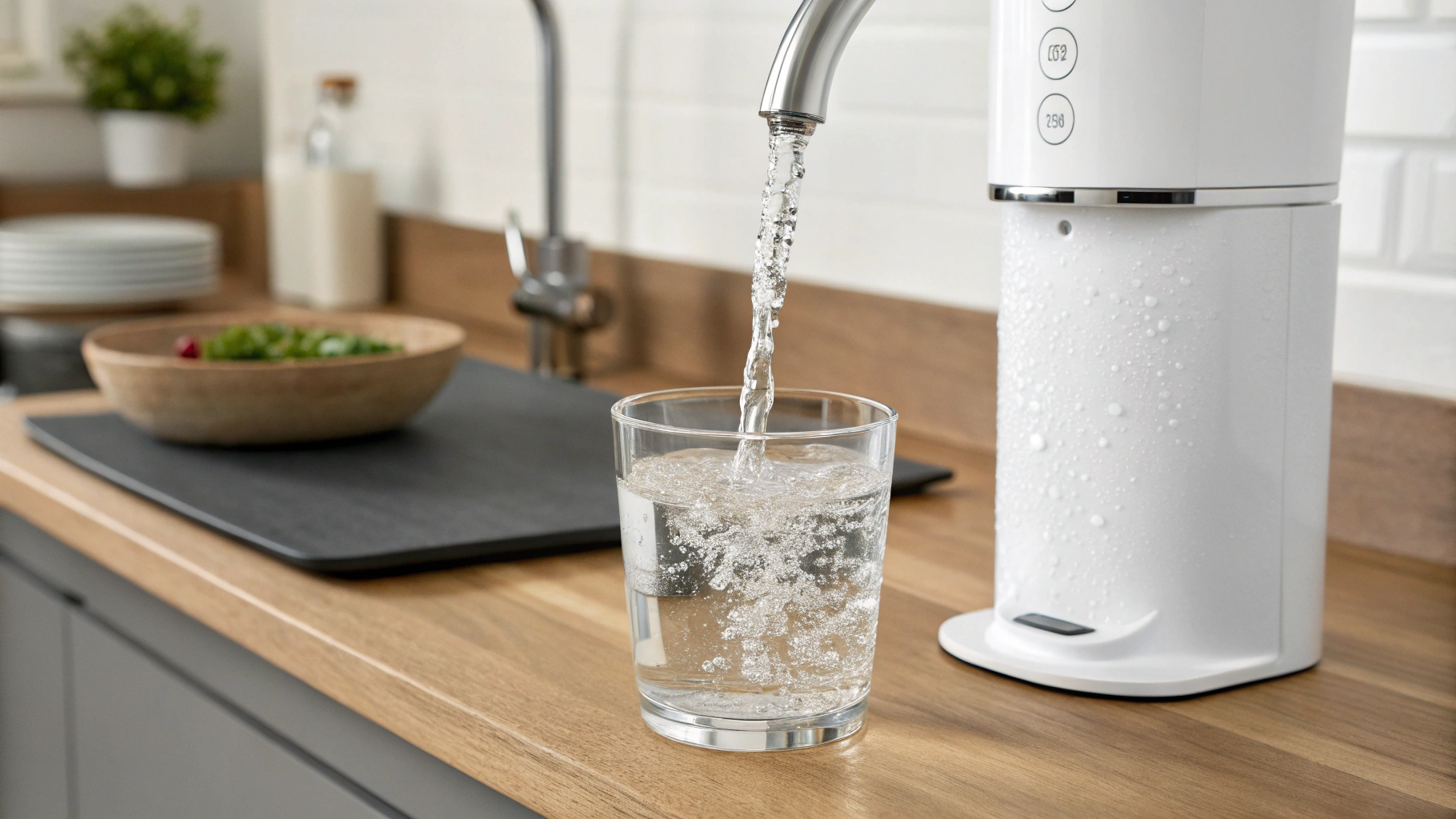 close up of water flowing from a purifier tap clea