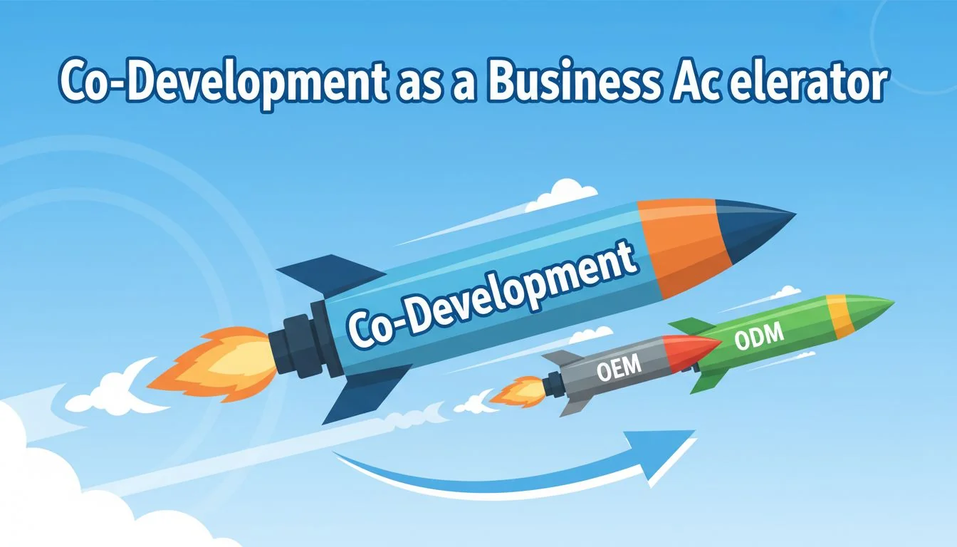 A graphic showing a rocket labeled 'Co-Development' speeding past other rockets labeled 'OEM' and 'ODM'