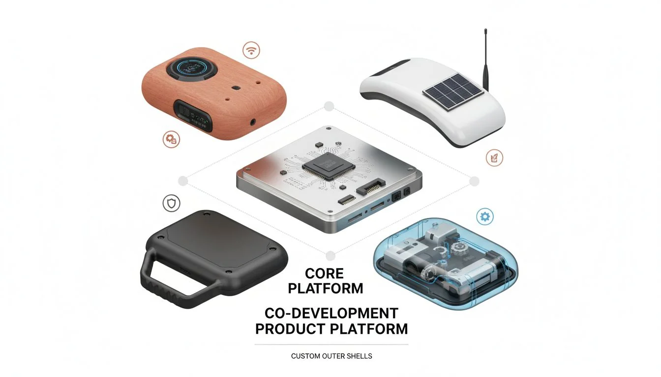 An exploded view of a product, showing a core 'platform' and multiple custom outer shells