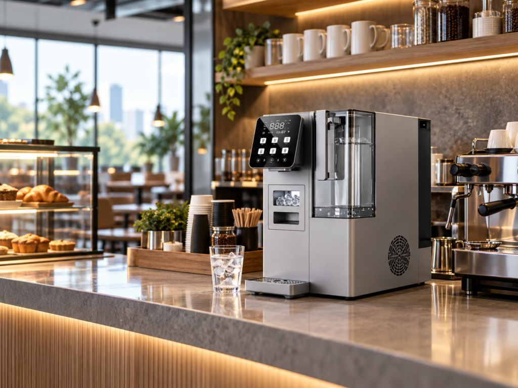 Commercial water filtration manifold mounted behind an espresso bar in a modern cafe