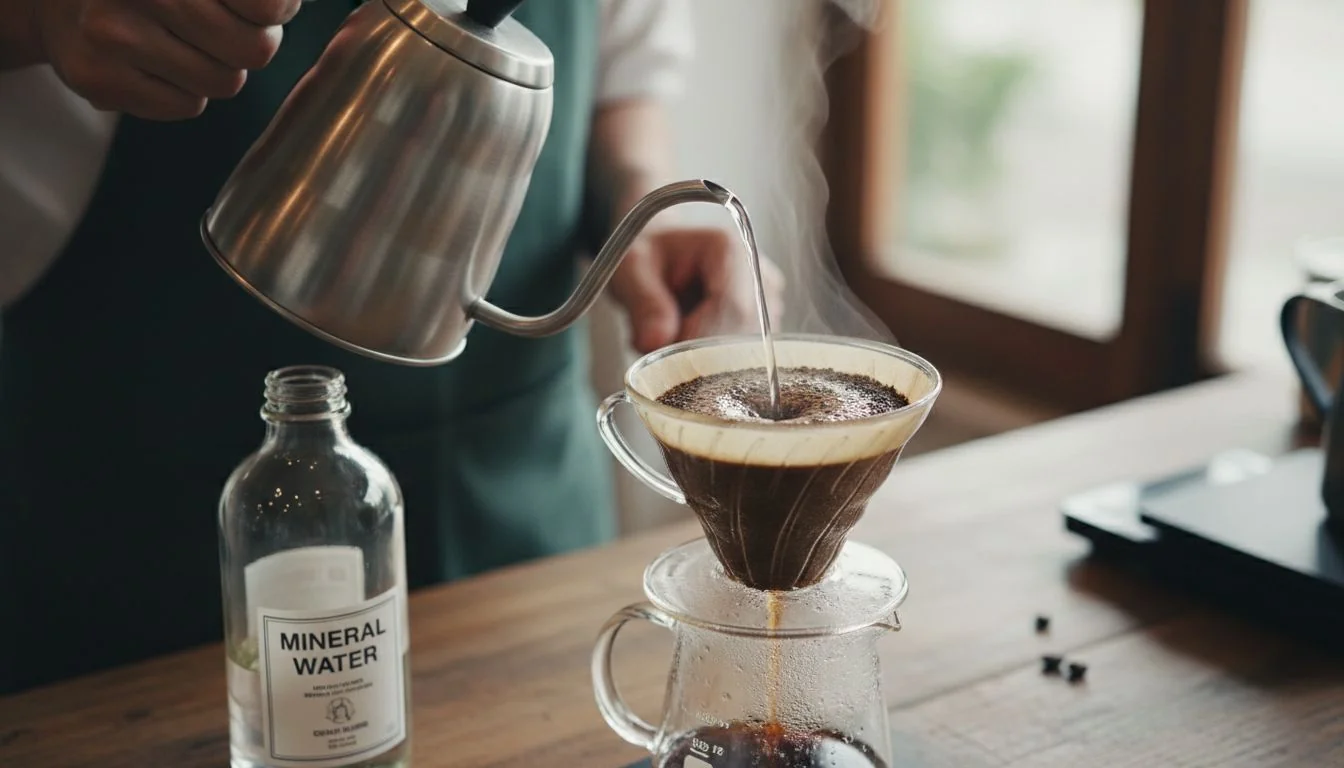 barista pouring hot water over coffee grounds