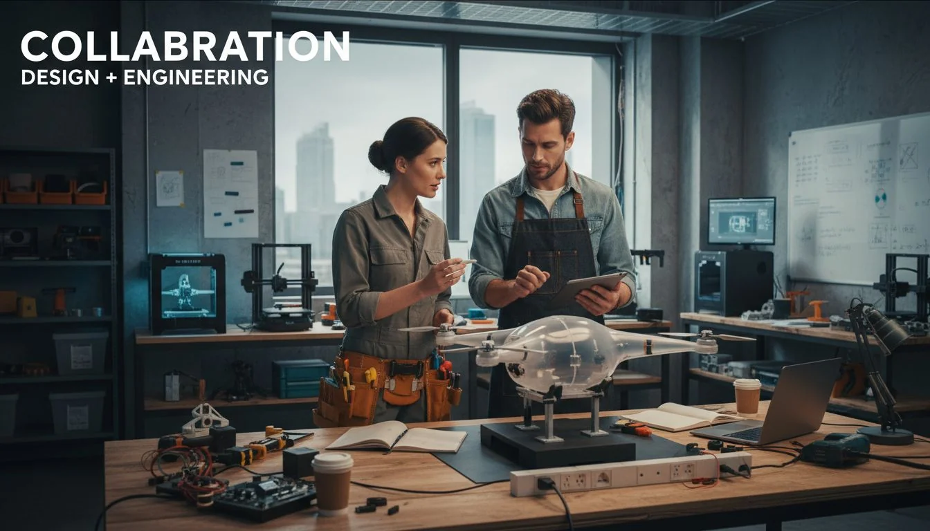 Collaboration Between Designer and Engineering Partner A designer and an engineer collaborating over a product prototype in a modern workshop.