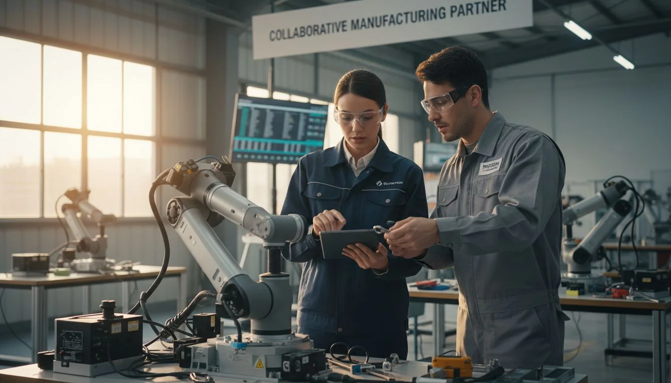 Two engineers, one from the brand and one from the factory, collaborating over a product prototype.