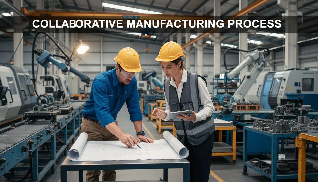 An engineer and a factory manager looking at a blueprint together in a factory setting.