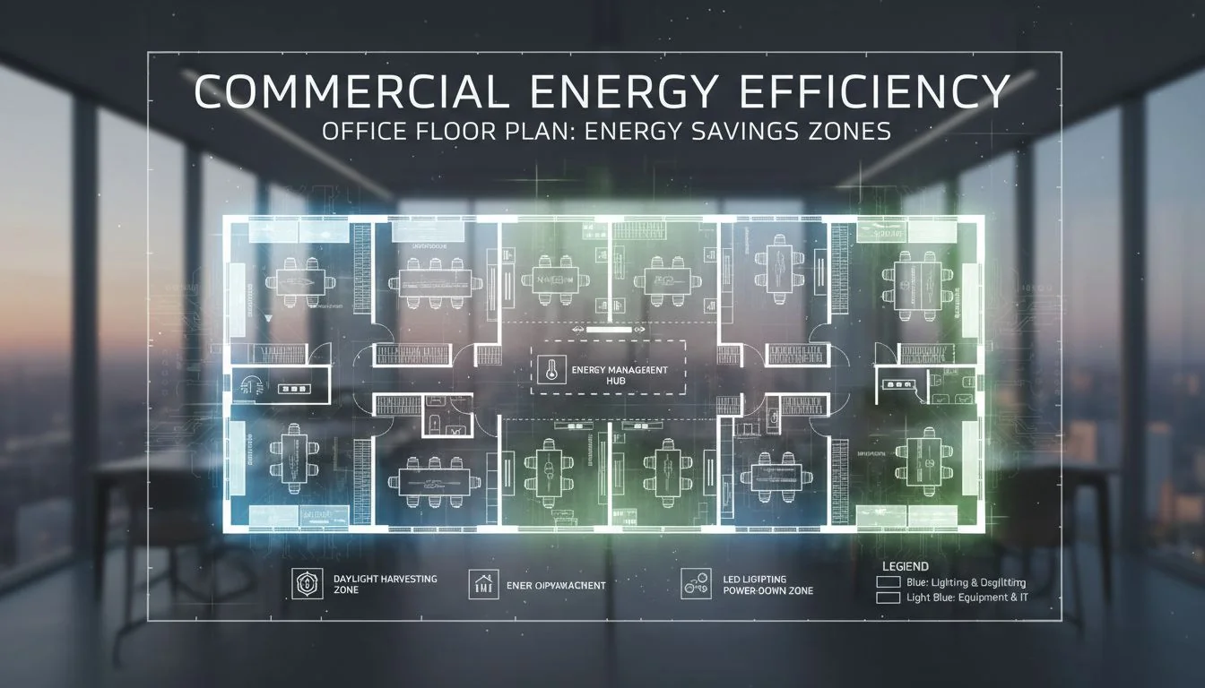 Commercial Energy Efficiency office floor plan showing energy savings zones