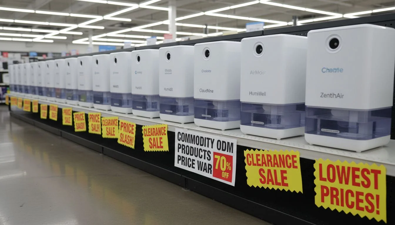 A row of identical white plastic humidifiers, each with a different brand logo, on a store shelf with discount signs.