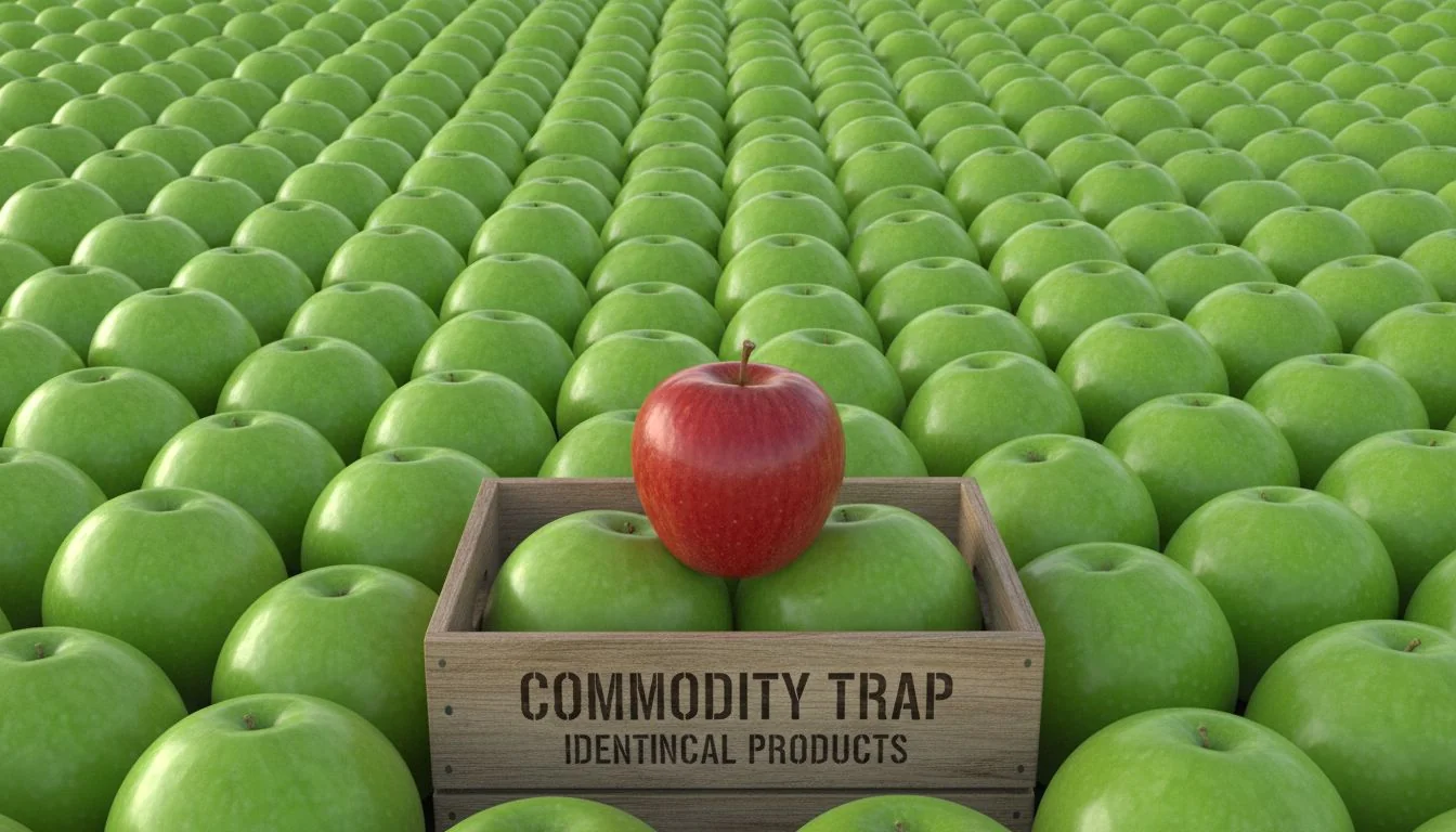 Commodity Trap of Identical Products A single unique red apple in a sea of identical green apples