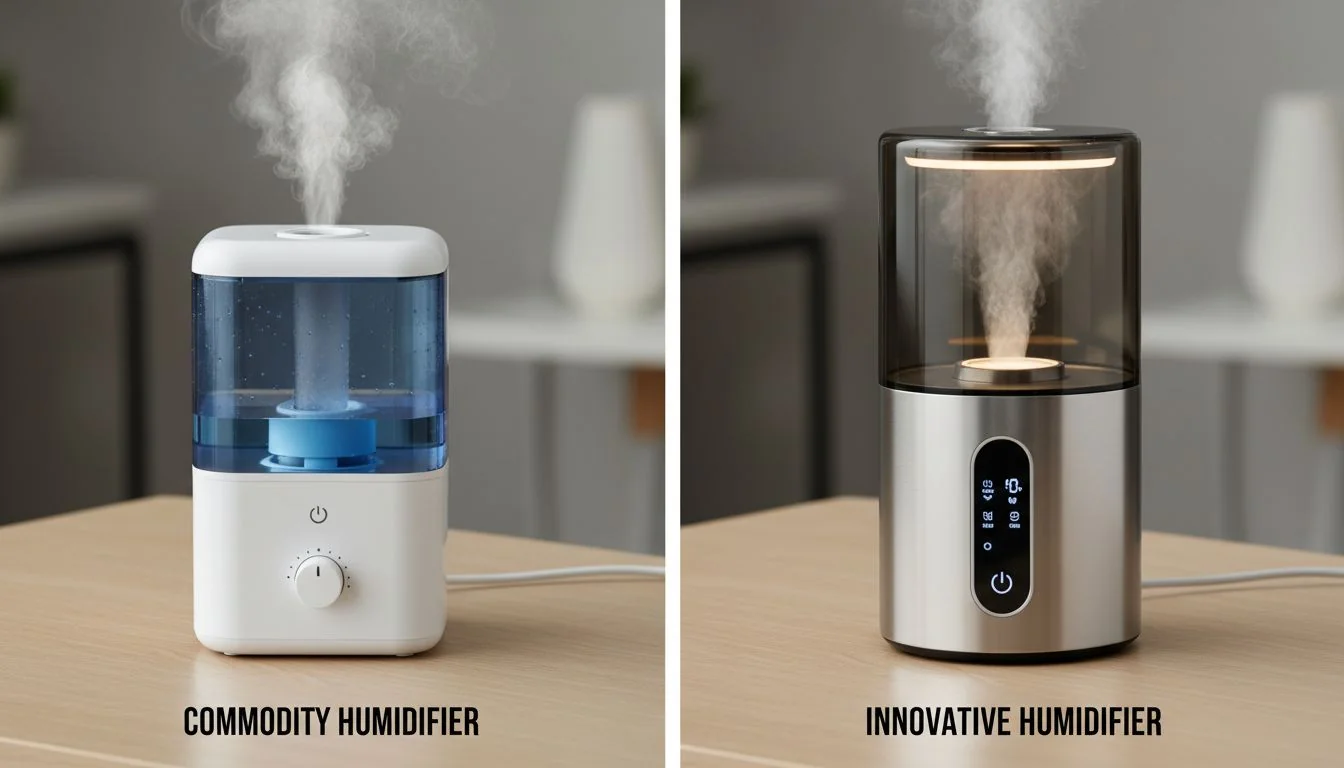 Commodity vs. Innovative Humidifier Side-by-side comparison of a generic plastic humidifier and a unique stainless steel one