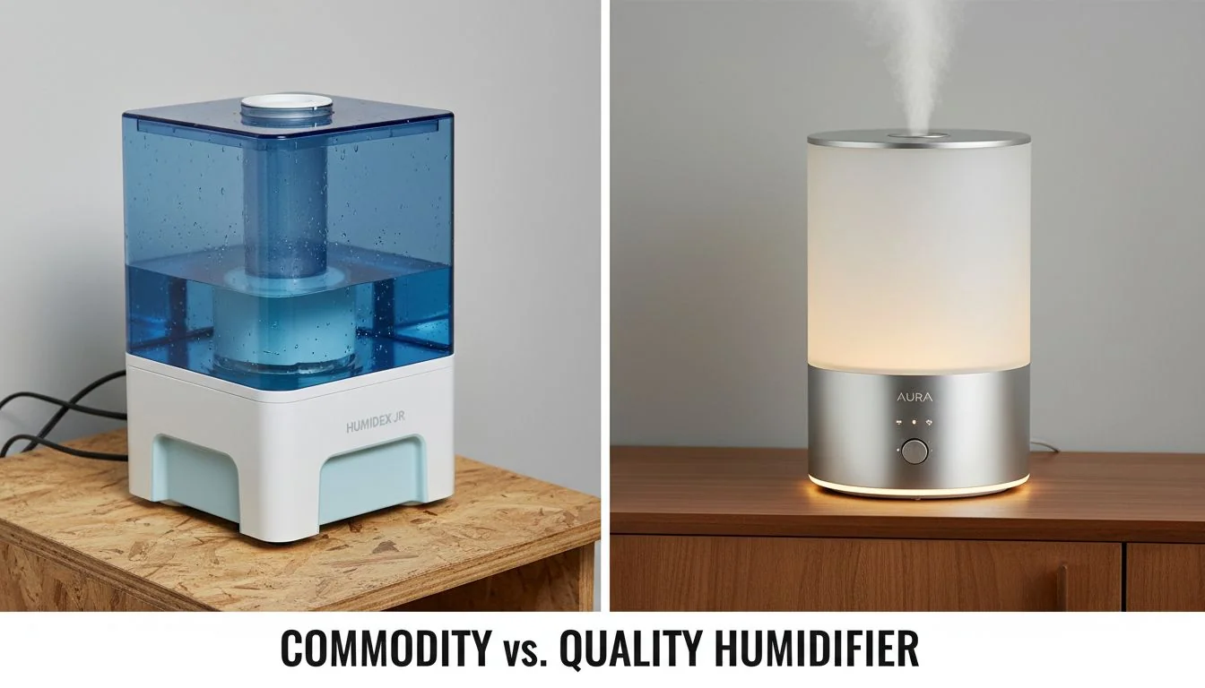 A split image showing a cheap plastic humidifier on one side and a premium, well-designed one on the other.