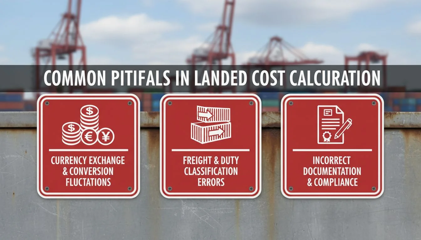 A series of red warning signs with icons for currency, shipping containers, and documents.