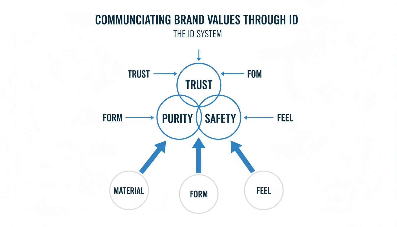 A diagram showing arrows pointing from 'Material,' 'Form,' and 'Feel' to the core values 'Trust,' 'Purity,' and 'Safety.'