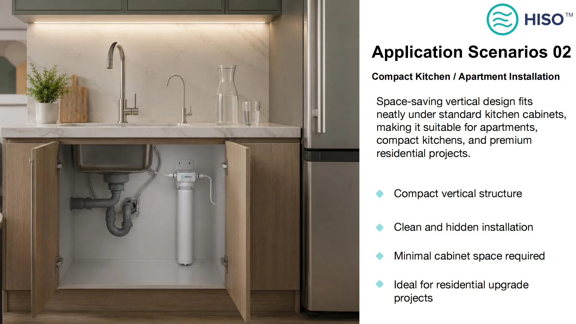 Compact HW-S6 water filter installed under an apartment kitchen sink