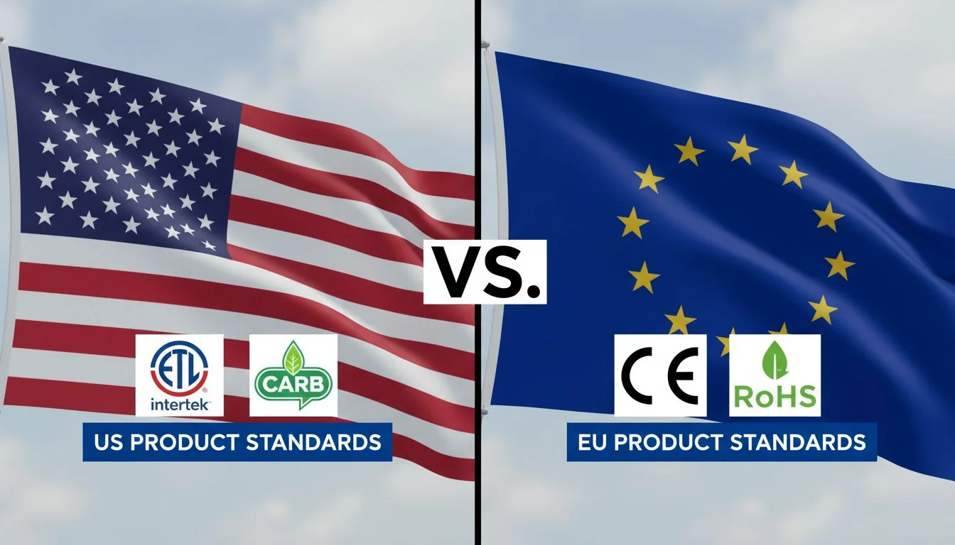 Comparing US vs. EU product standards A split-screen image showing the US flag with ETL and CARB logos on one side, and the EU flag with CE and RoHS logos on the other.
