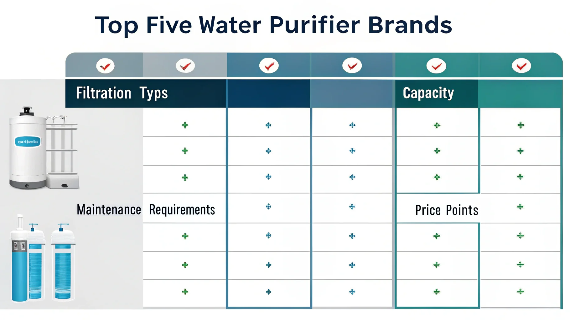 A comparison chart graphic showing the key features of the five water purifier brands
