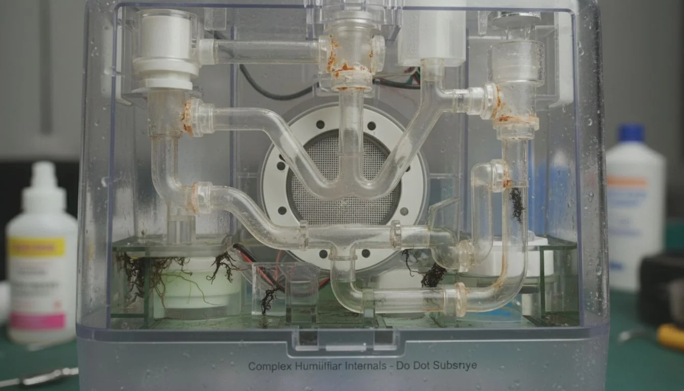 Complex Humidifier Internals Cutaway view showing the complex, hard-to-clean internal water path of a plastic humidifier