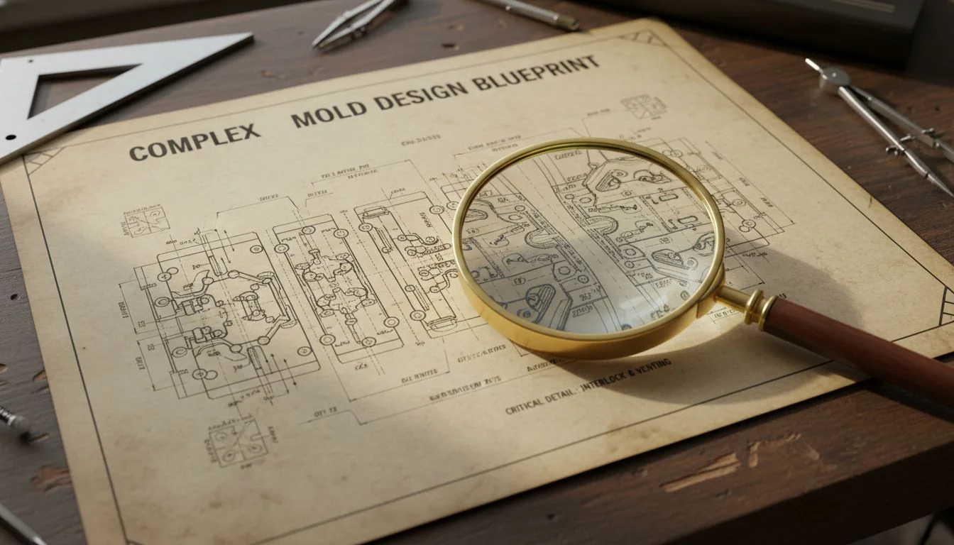 Complex Mold Design Blueprint A blueprint of a complex multi-cavity mold with a magnifying glass over a critical detail