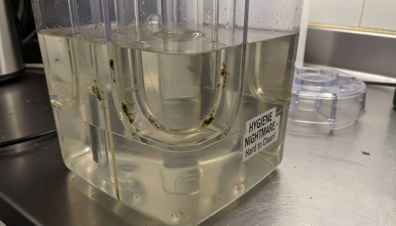 A complex plastic water tank for a humidifier, showing hard-to-reach corners and seams.