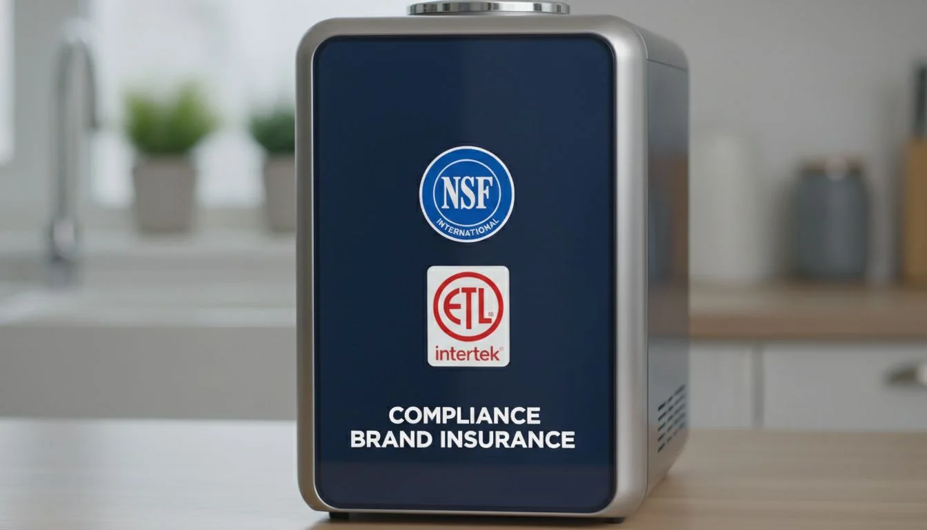 Compliance Brand Insurance NSF and ETL certification logos on water purifier