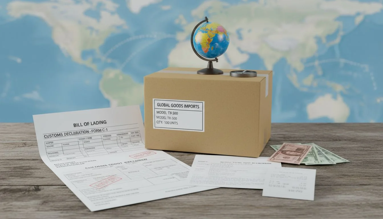 Various components of landed cost like a shipping document, customs form, and a product box.
