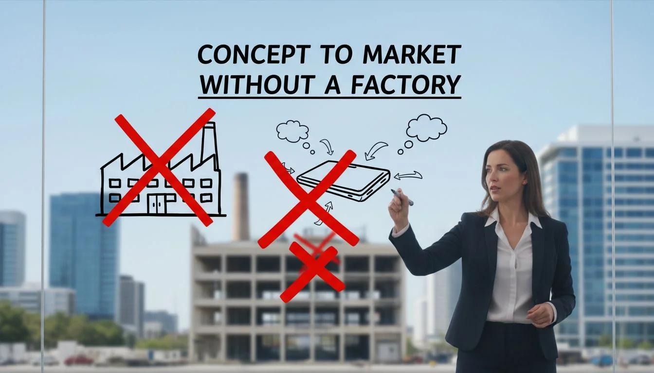 A founder sketching a product idea on a whiteboard with a factory in the background crossed out.