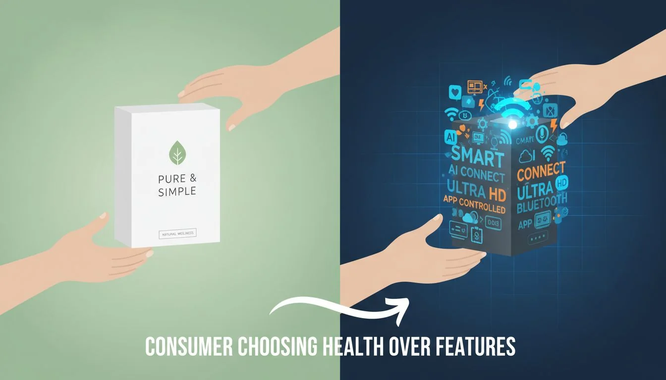 Consumer Choosing Health Over Features Graphic showing a consumer choosing a simple, clean-looking product over one cluttered with 'smart feature' icons