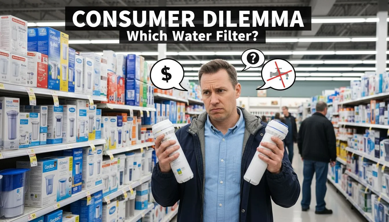 Consumer looking confused at water filter options