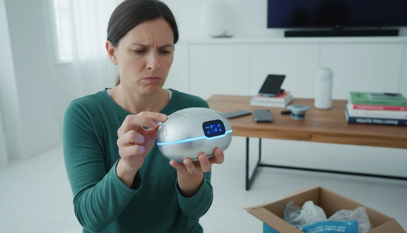 Consumer Experiencing Material Dissonance A consumer looking skeptically at a plastic wellness device in their hands.