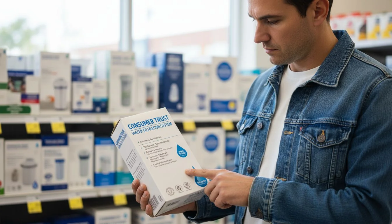Consumer checking water filter label in store