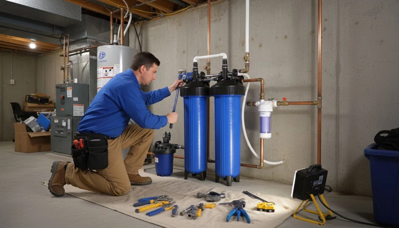 contractor installing water filter