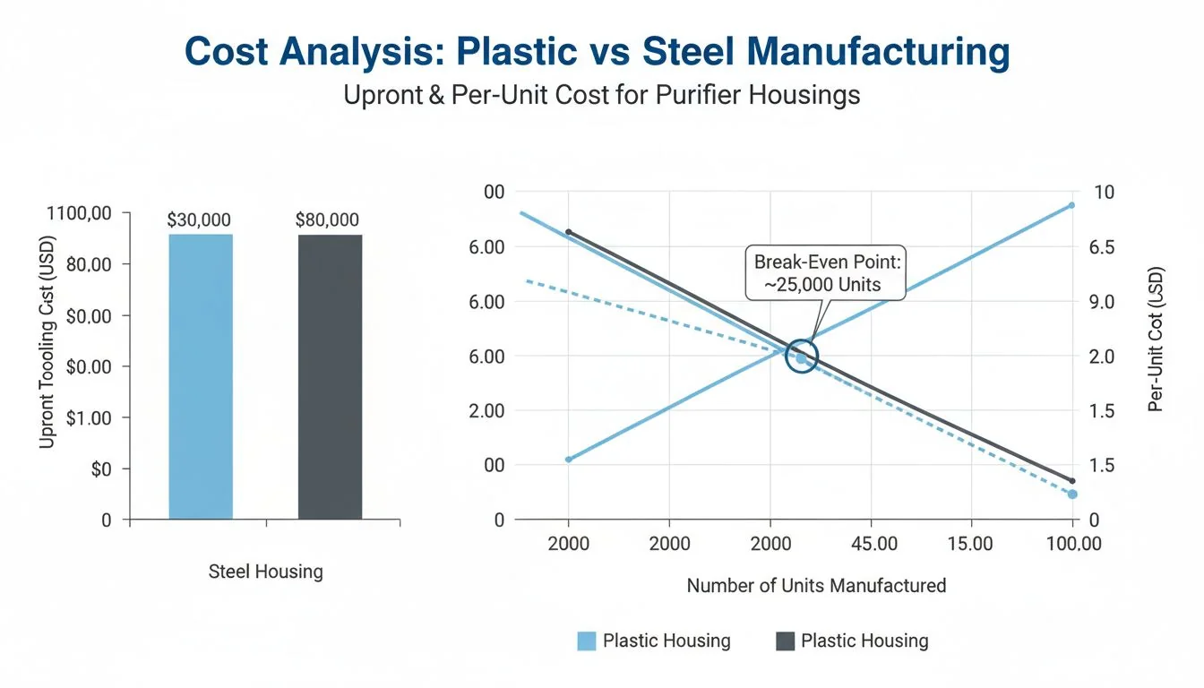 Cost Analysis: Plastic vs. Steel Manufacturing A chart showing the upfront tooling cost and per-unit cost for a plastic vs. a steel purifier housing.