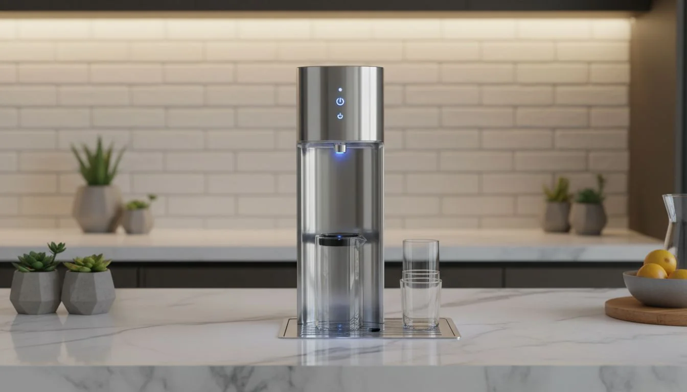 Countertop Bar Aesthetic sleek stainless steel water dispenser on marble countertop