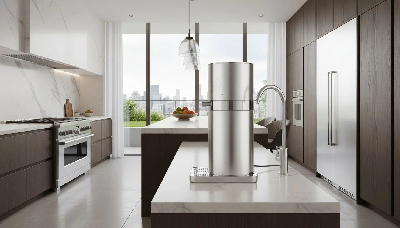 Countertop Water Purifier in Modern Kitchen modern stainless steel countertop water purifier in luxury kitchen