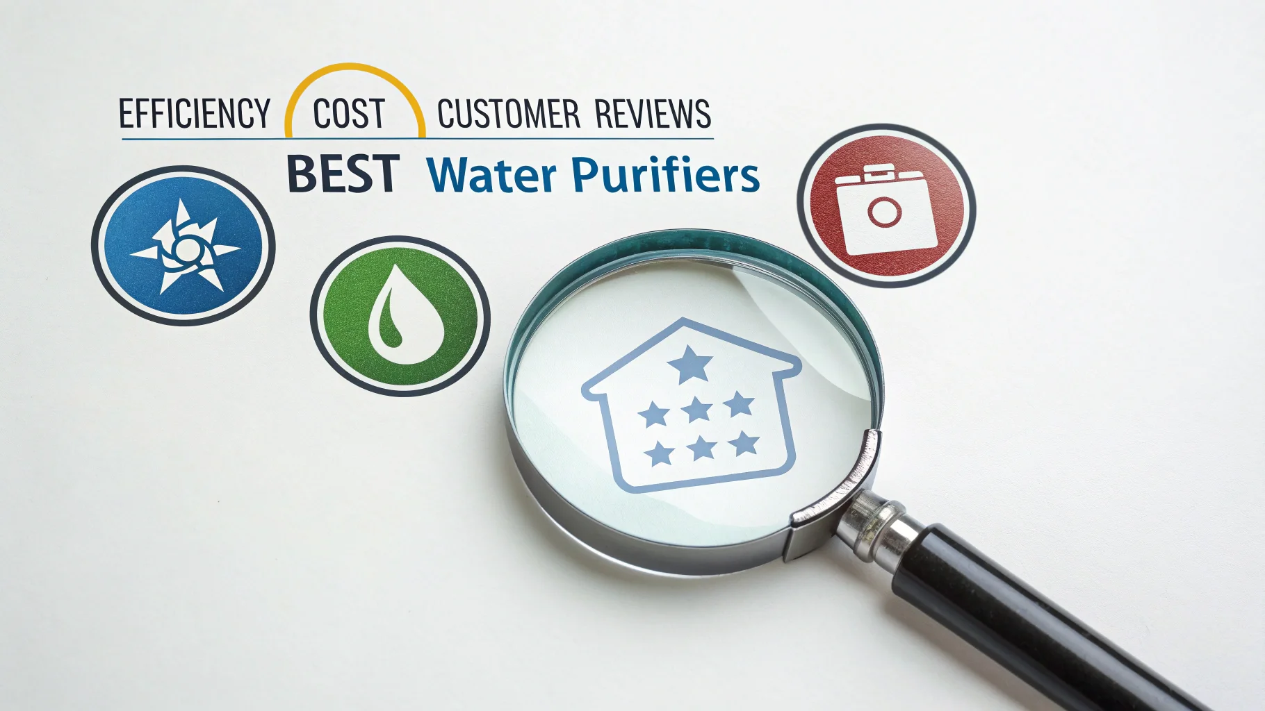 A magnifying glass hovering over logos of different water purifier brands
