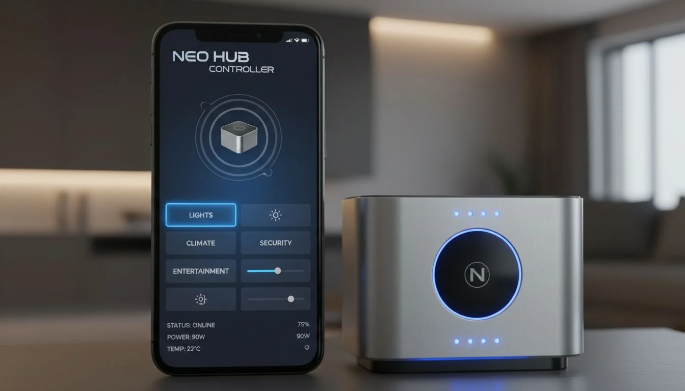 A smartphone showing a custom companion app next to the electronic device it controls.